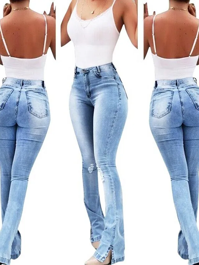Women‘s Flare Jeans Pants Trousers Full Length Denim Split High Elasticity High Waist Fashion Casual Office Vacation Light Blue bule S M Autumn / Fall