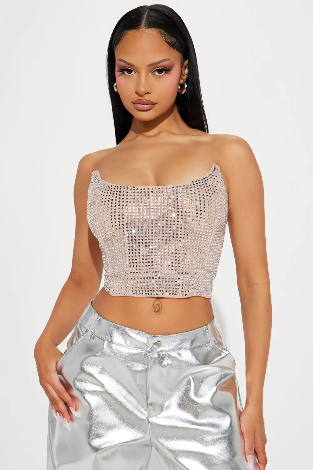 Rayna Rhinestone Mesh Corset Top - Nude