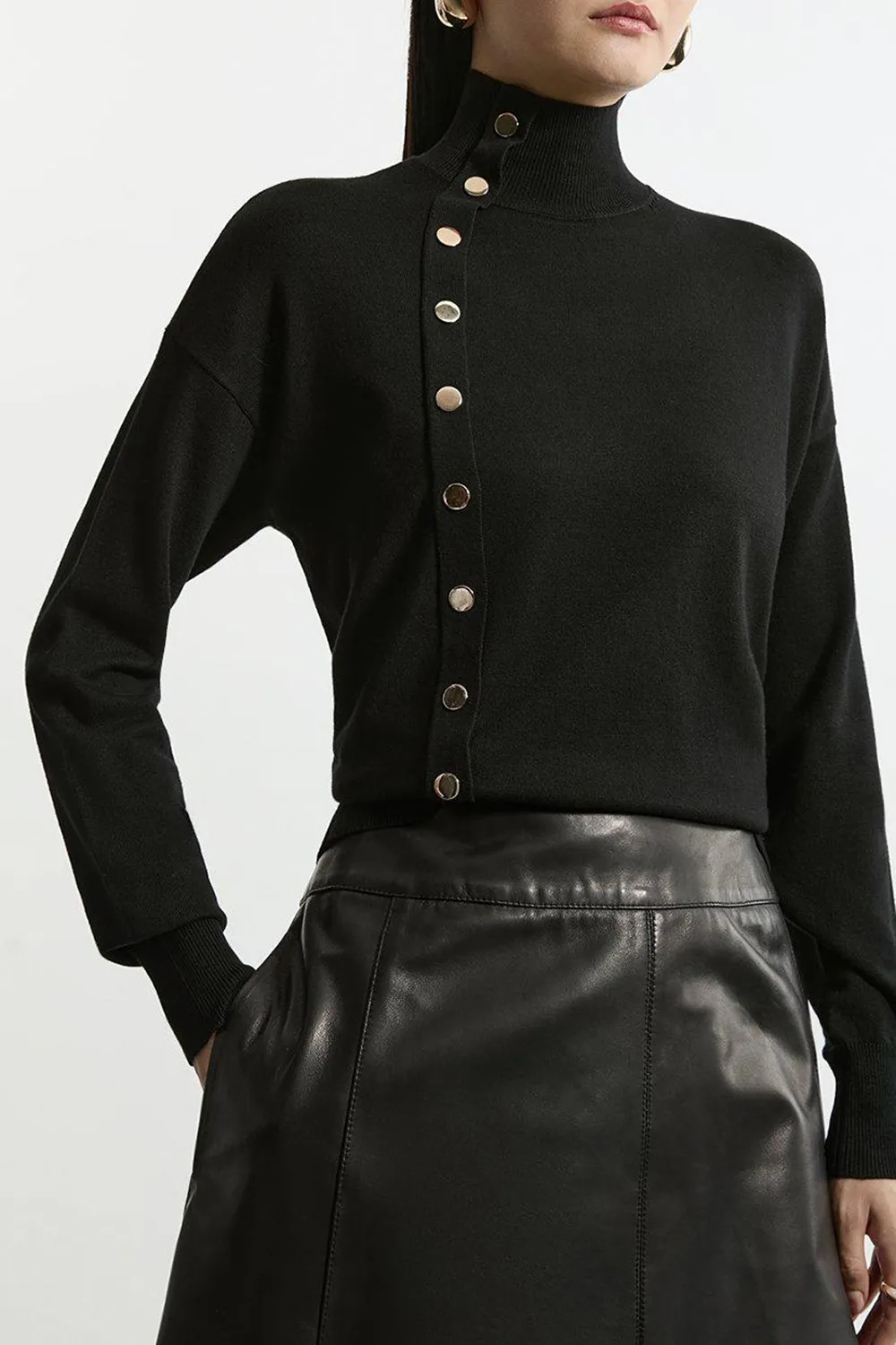 Viscose Blend Popper Detail Knit Jumper