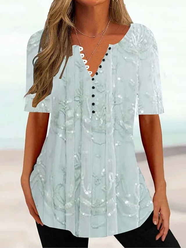 Women's T shirt Tee White Yellow Light Green Floral Button Print Short Sleeve Holiday Weekend Tunic Basic Round Neck Regular Fit Floral Painting