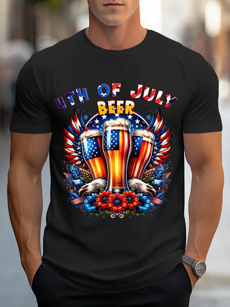 Men's Independence Day 4th Of July Beer Round-Neck Short-Sleeved T-Shirt