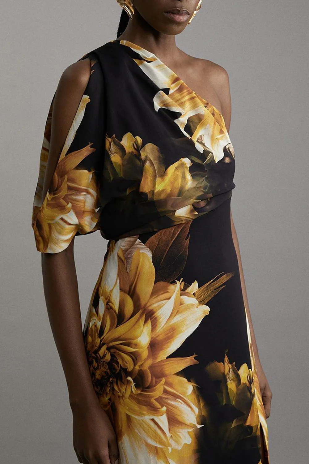 Compact Stretch Viscose Printed Photographic Floral One Shoulder Maxi Dress
