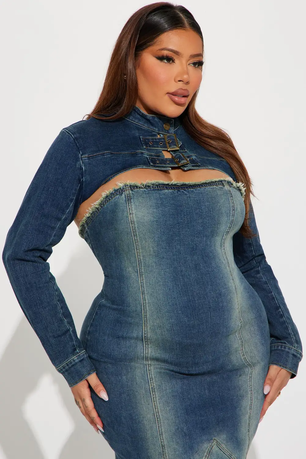 Elisha Denim Maxi Dress Set - Medium Wash