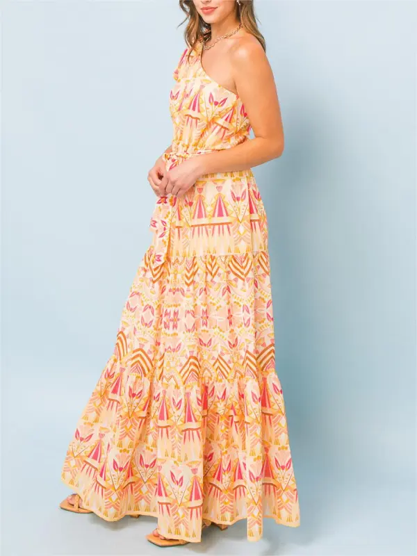 Peach - Colored One - Shoulder Maxi Dress