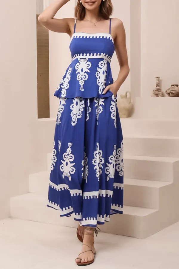Blue Patterned High Waist Wide Leg Pants