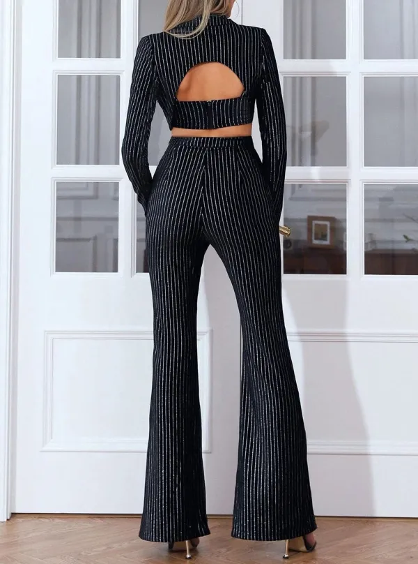 Backless Long Sleeve Black Pinstriped Set