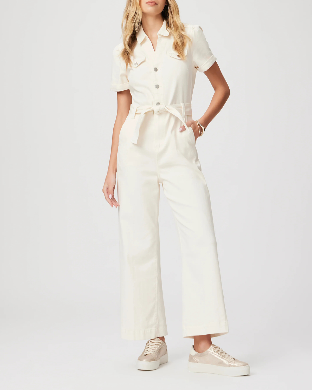 White Short Sleeve Belted Jumpsuit