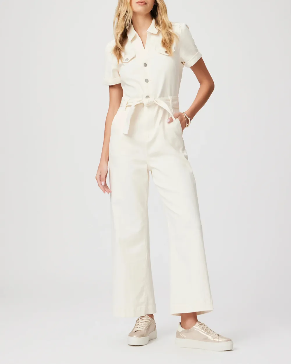 White Short Sleeve Belted Jumpsuit