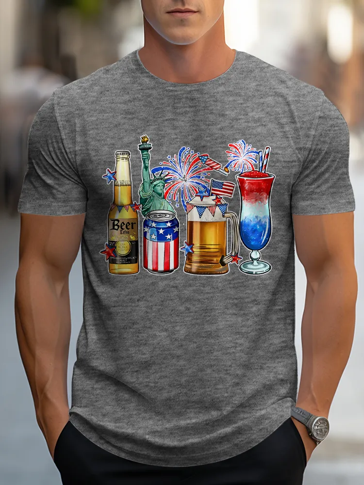 Man'S Fireworks And Wine Round-Neck Short-Sleeved T-Shirt