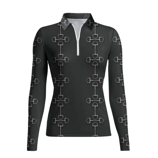 Women's Riding Style Horse Bibs Print Long Sleeve Casual Lapel Shirt