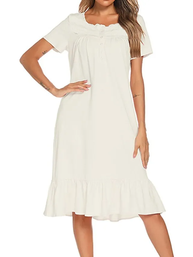Women's Pajamas Nightgown Dress Pure Color Basic Simple Casual Home Daily Bed Cotton Breathable Square Neck Short Sleeve Dress Button Spring Summer White Pink