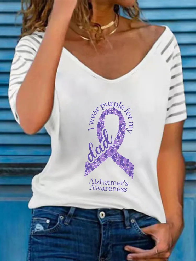 Women'S I Wear Purple For My Dad Alzheimer'S Awareness V-Neck Short-Sleeved T-Shirt