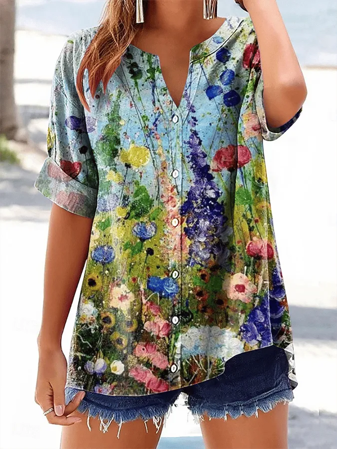 Women's Casual Artistic Floral Print V-Neck Short Sleeve Cotton and Linen Shirt