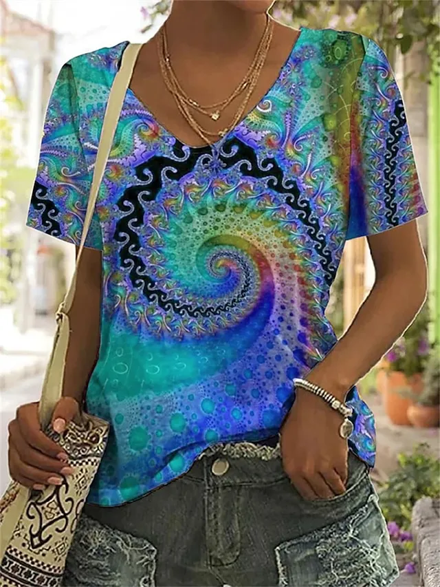 Women's T shirt Tee Yellow Red Blue Graphic Print Short Sleeve Daily Weekend Basic Neon & Bright V Neck Regular Fit Painting