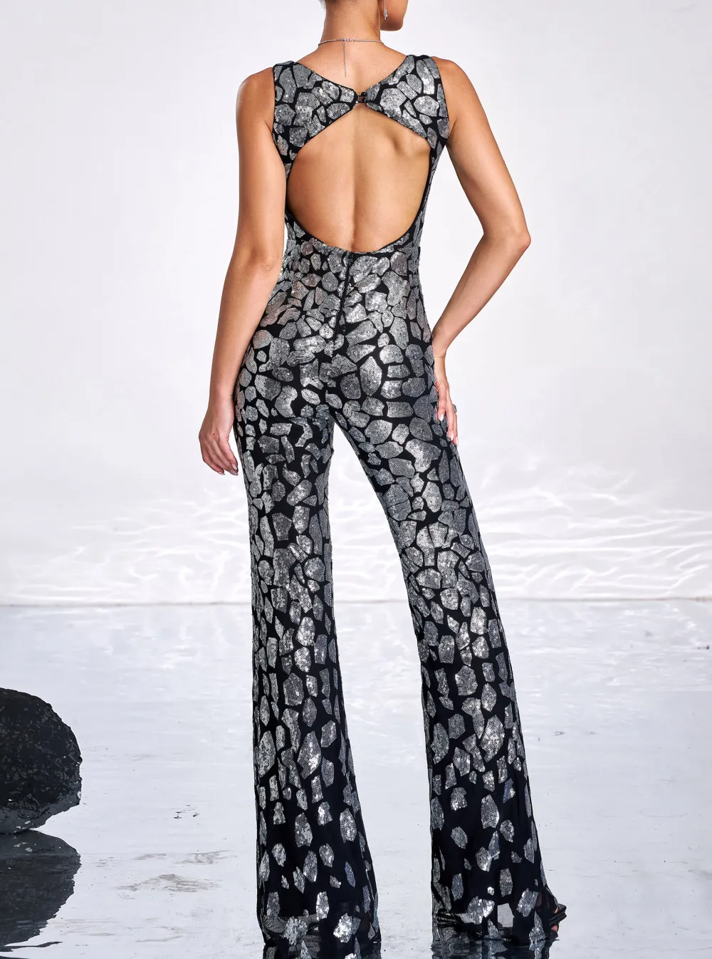 Sleeveless Cutout Sequin Jumpsuits