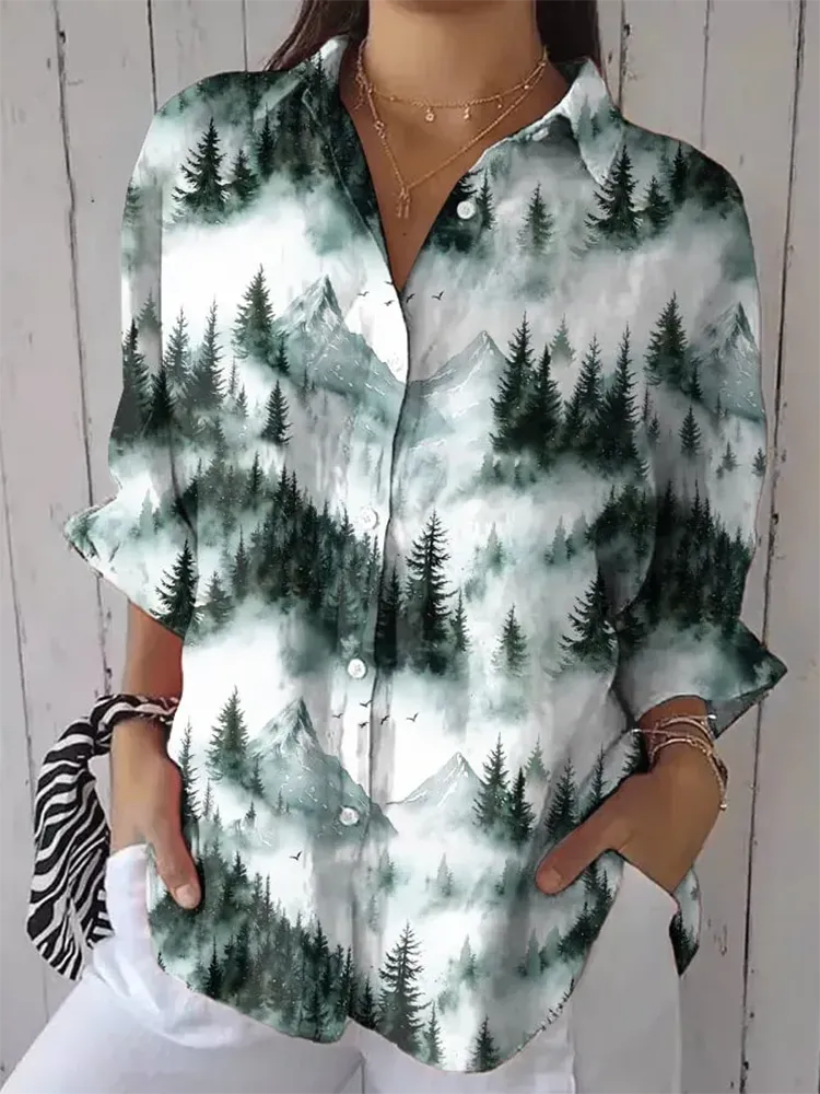 Women'S Pine And Cypress Printing Long-Sleeved Lapel Shirt
