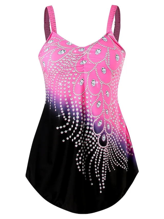 Women's Swimwear Swim Dress 2 Piece Plus Size Swimsuit for Big Busts Print Leaf Yellow Red Blue Rose Red Bathing Suits New Vacation Sporty