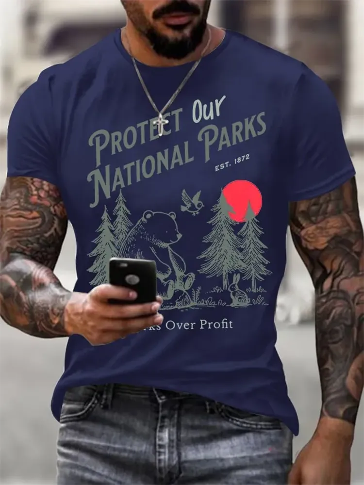 Men'S Protect Our National Parks Printed Round Neck T-Shirt