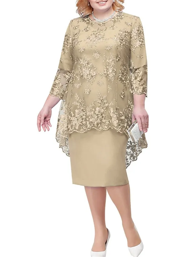 Women‘s Plus Size Party Dress Lace Dress Semi Formal Dress Midi Dress Navy Blue Blue Gold 3/4 Length Sleeve Floral Lace Summer Spring Fall Crew Neck Elegant Party Wedding Guest Dress