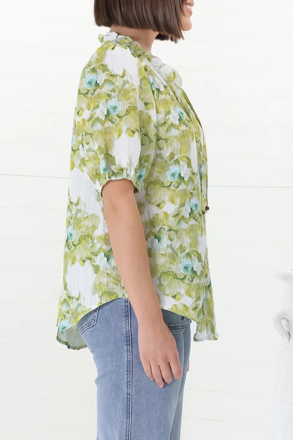 Green Floral Print Puff Sleeve V Neck Blouse