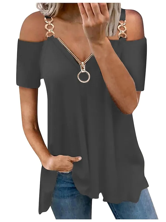 Women's T shirt Tee Burgundy Tee Tunic Plain Black Wine Navy Blue Cold Shoulder Quarter Zip Short Sleeve Casual Weekend Basic Off Shoulder V Neck Regular Fit Cold Shoulder