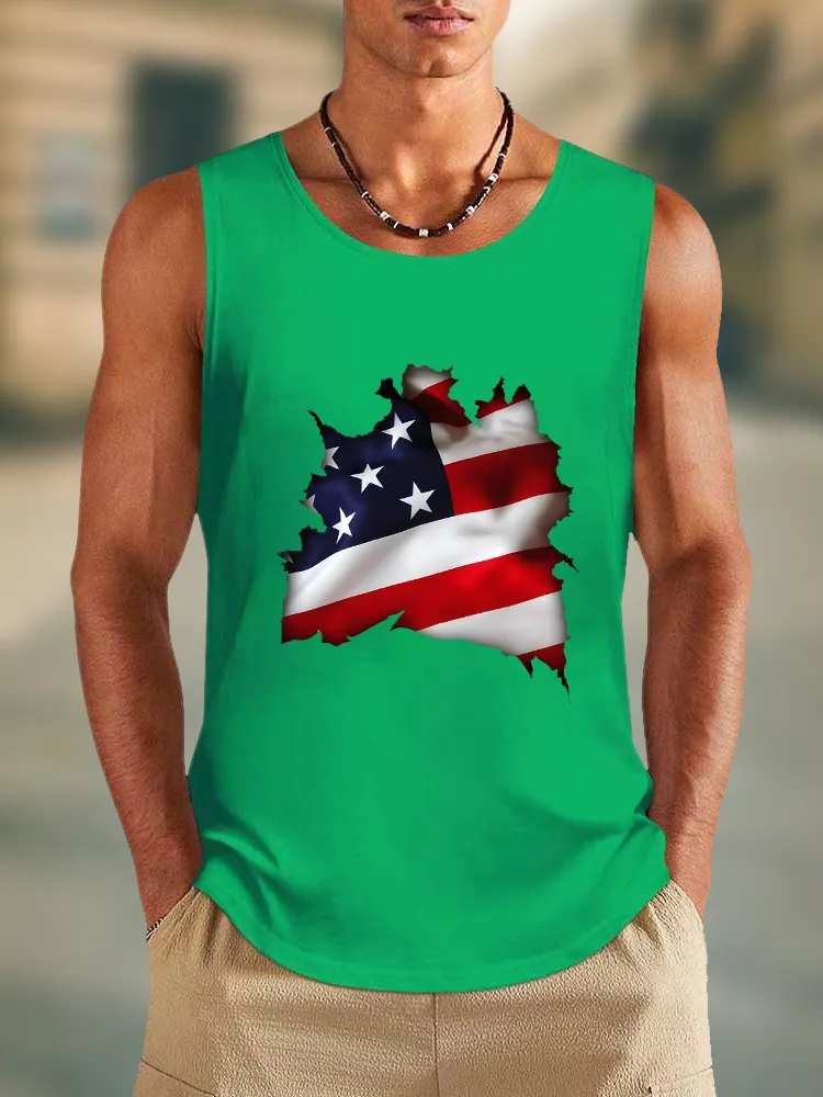 Men'S Damaged Stars And Stripes Print Round-Necked Sleeveless Vest