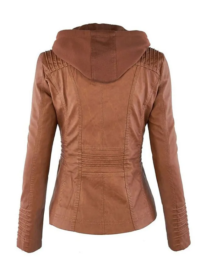 Women's Faux Leather Fall Hoodie Moto Biker Hoodie Jacket Windproof Warm Pocket Sports Solid Color Maillard Outerwear Long Sleeve Winter Fall Black Camel Red Street Casual Daily  M L XL