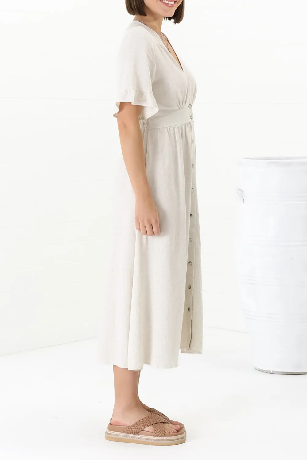White Button Front Short Sleeve Midi Dress