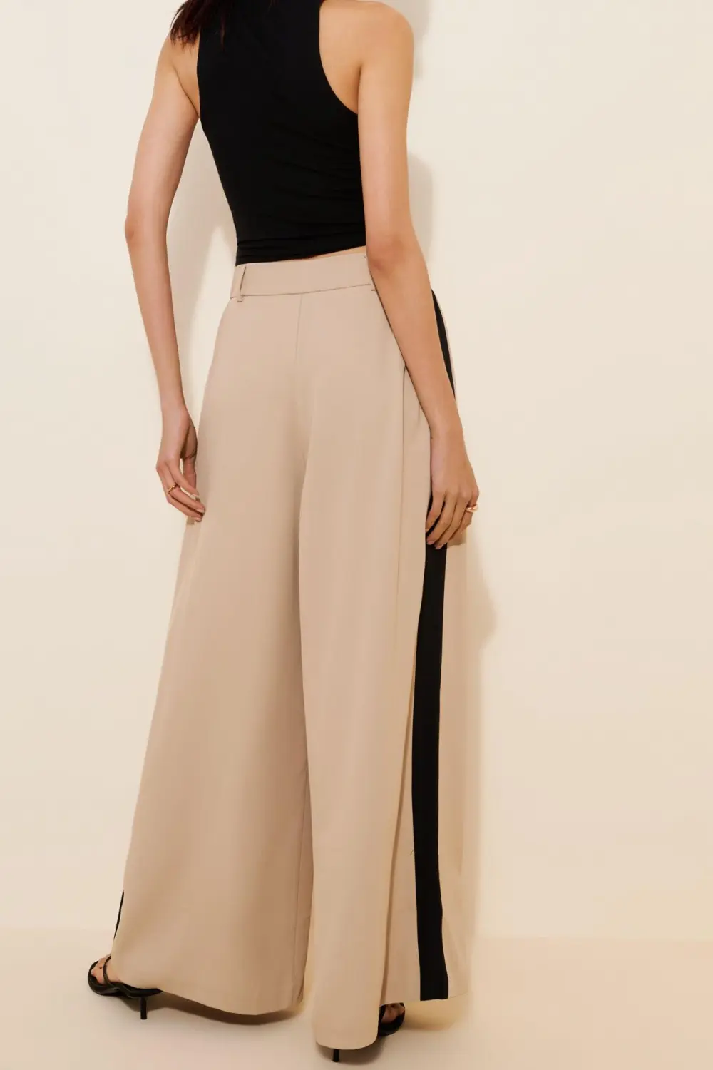 High Waist Pleated Palazzo Pants In Stone & Black
