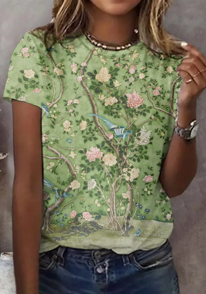 Women's Casual Vintage Floral Print Short Sleeve T-Shirt