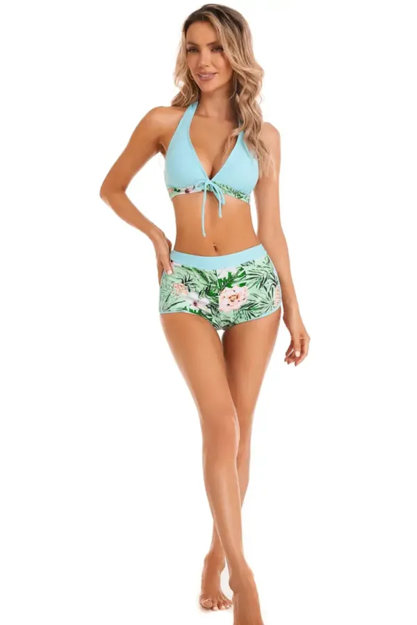 Floral Print Deep V Shape Halter Bikini Boxer Swimsuit
