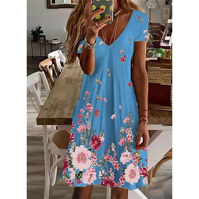 Women's Casual Dress Summer Dress Print Dress Floral Print V Neck Mini Dress Active Fashion Outdoor Daily Short Sleeve Regular Fit Black And White Olive Green Colourful Summer Spring S M L XL XXL