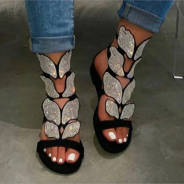 Women's Sandals Flat Sandals Plus Size Sparkly Sandals Party Daily Summer Rhinestone Flat Heel Open Toe Vintage Classic Casual Faux Leather Loafer Color Block Silver Black Gold