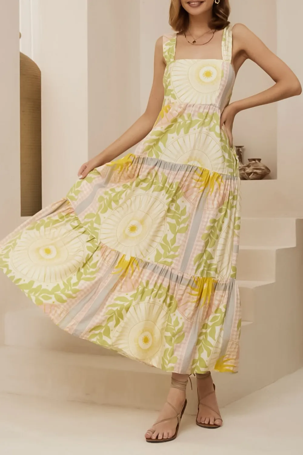 Yellow Green Floral Print Tiered Maxi Dress