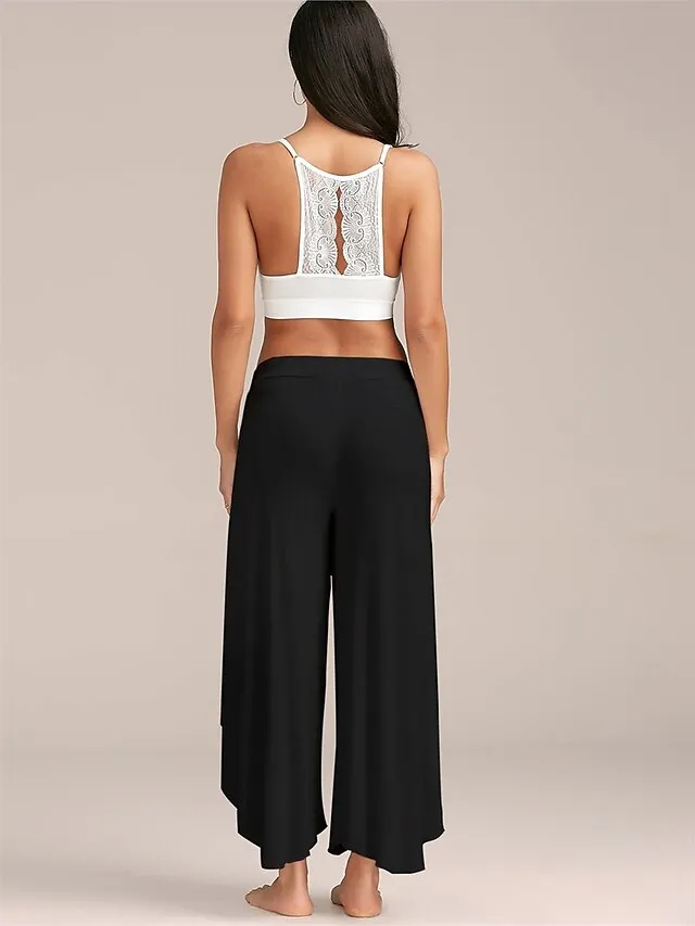 Women's Culottes Wide Leg Chinos Ruffle Layered Stretchy Mid Waist Basic Casual / Sporty Casual Daily Black White S M Summer Spring & Fall