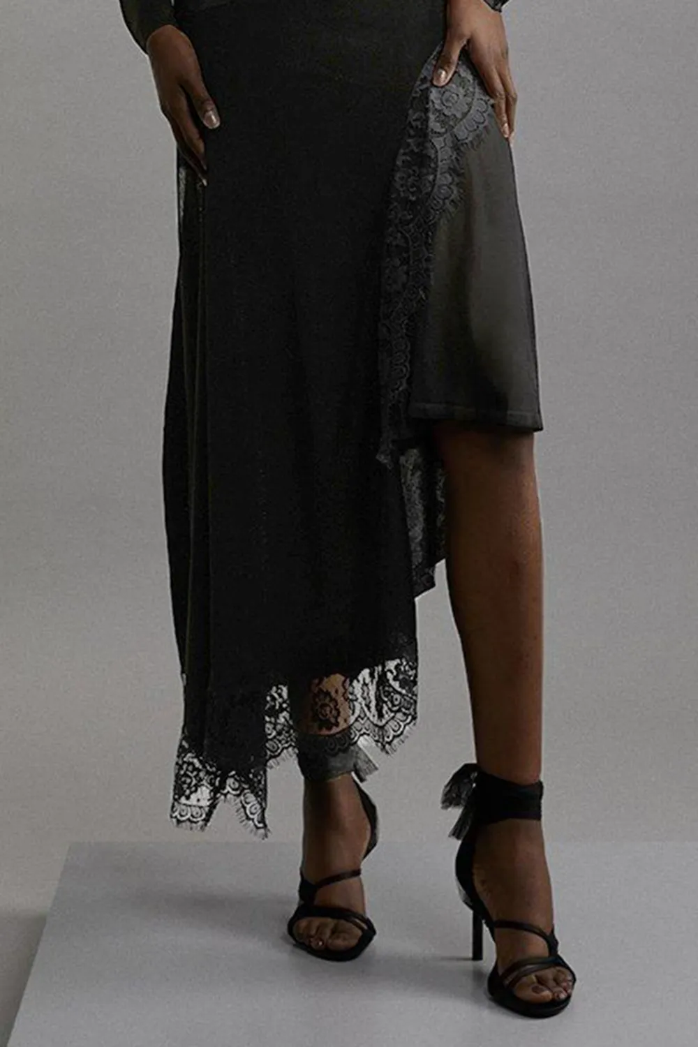 Viscose Blend Slinky Sheer Lace Detail Asymmetric Knit Midaxi Dress