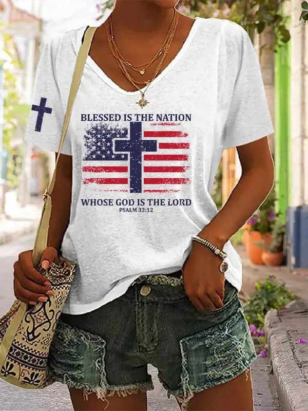 Woman'S Blessed Is The Nation Whose God Is The Lord Short-Sleeve V-Neck T-Shirt