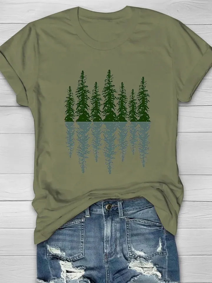 Women's Casual Natural Forest Print Short Sleeve Crew Neck T-Shirt