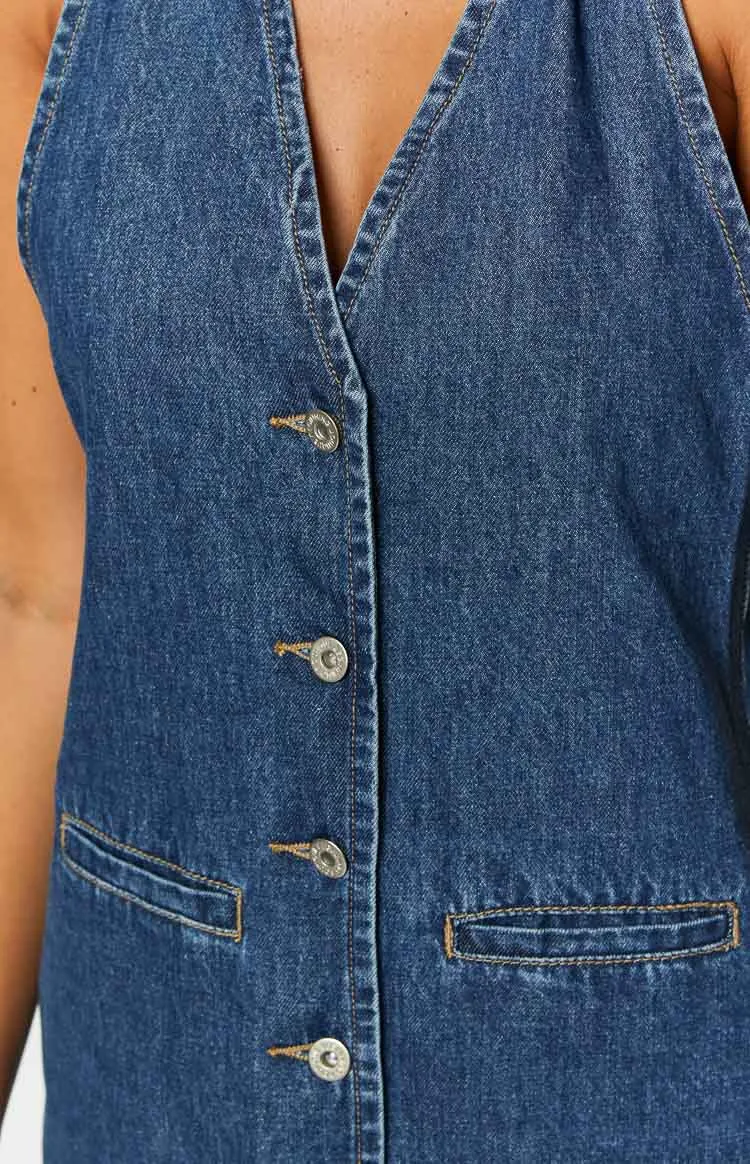 Denim Halter Neck Button Front Mini Dress