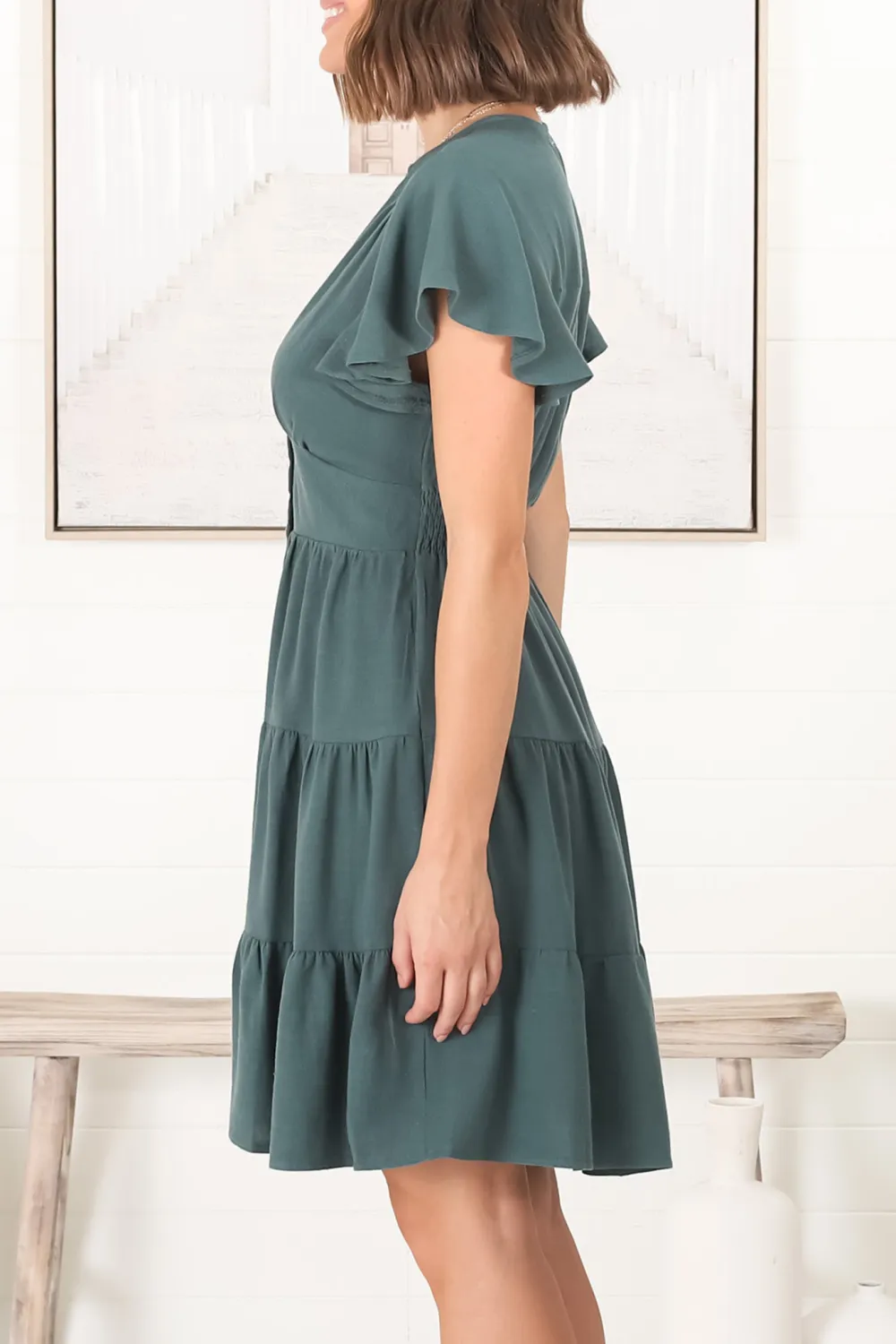 Dark Green Ruffled Tiered Button Down Dress