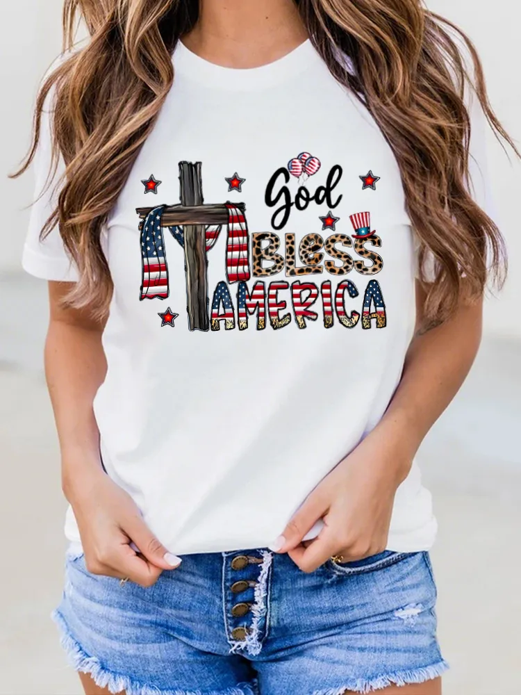 God Bless America Print Round-Neck Short-Sleeved T-Shirt
