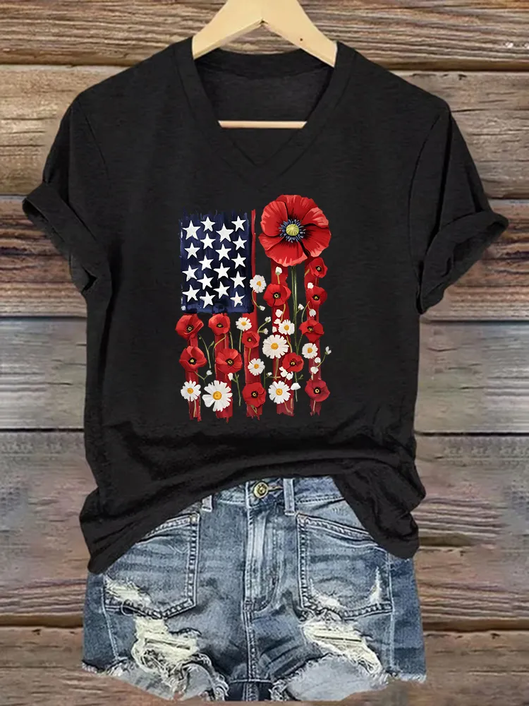 Woman'S Independence Day V-Neck And Short Sleeves T-shirt