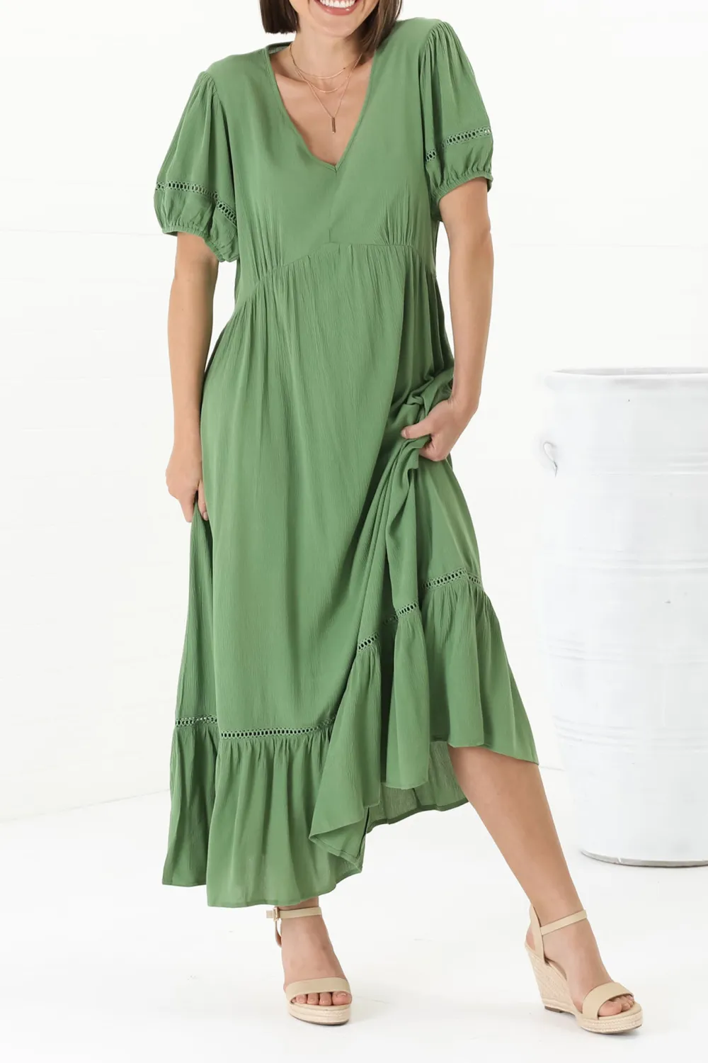 Green V Neck Short Sleeve Ruffled Maxi Dress