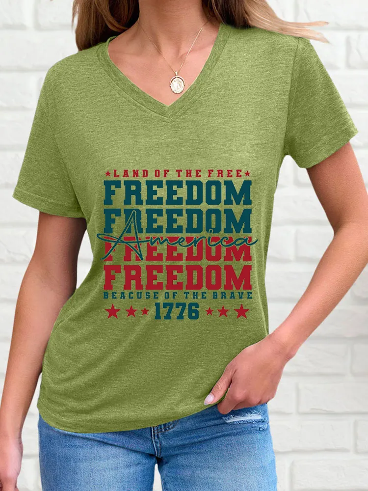 Woman'S America Freedom V-Neck And Short Sleeves T-Shirt