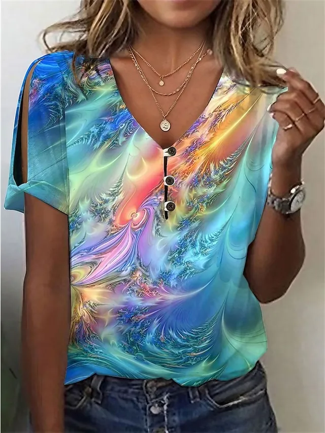 Women's T shirt Tee Graphic Blue Purple Green Button Cut Out Print Short Sleeve Daily Weekend Basic Neon & Bright V Neck Regular Fit