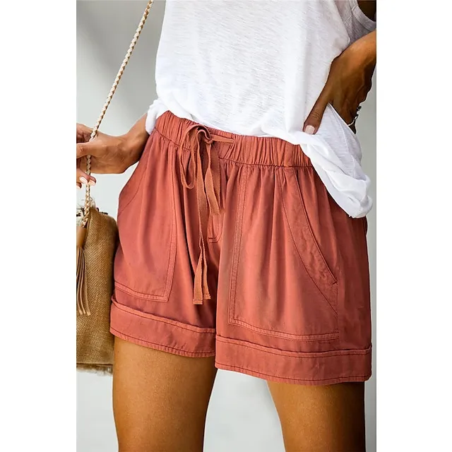 Women‘s Shorts Drawstring Pocket Plain Daily Regular Summer Green Black Pink Orange Red