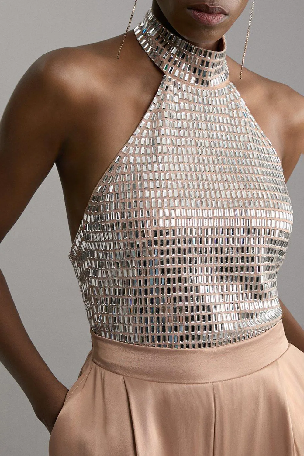 Premium Crystal Embellished Jersey Halter Top