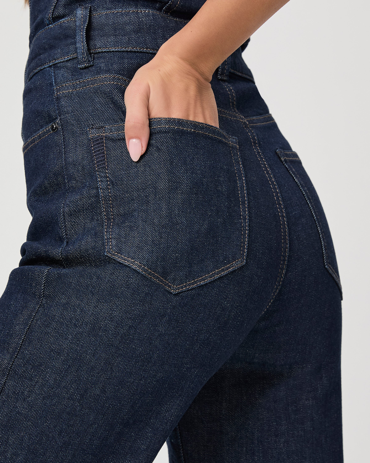 Dark Blue Denim Strapless Flared Jumpsuit