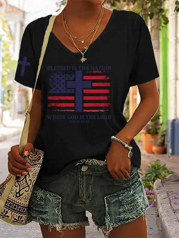 Woman'S Blessed Is The Nation Whose God Is The Lord Short-Sleeve V-Neck T-Shirt