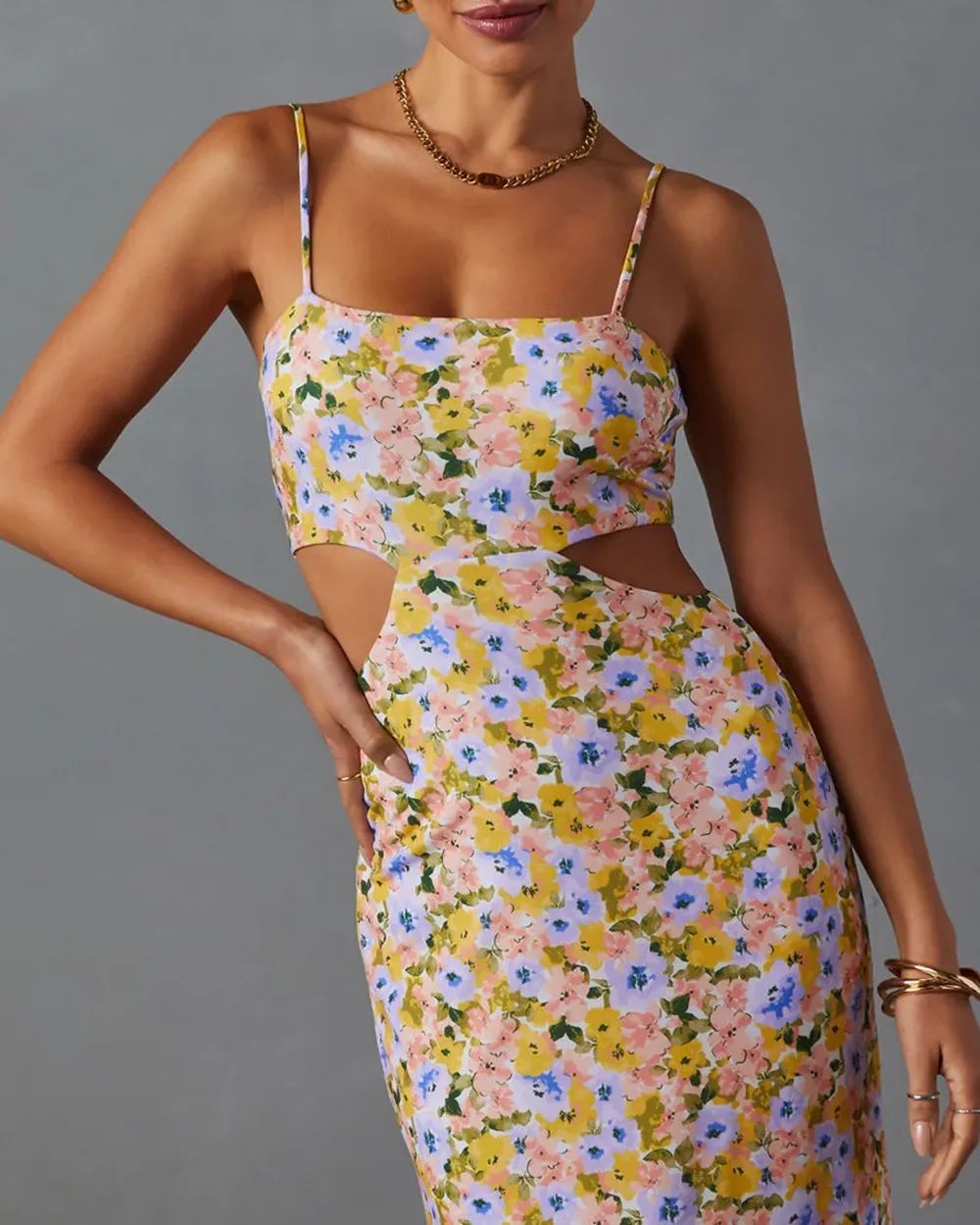 Sleeveless Side Cutout Floral Print Midi Dress